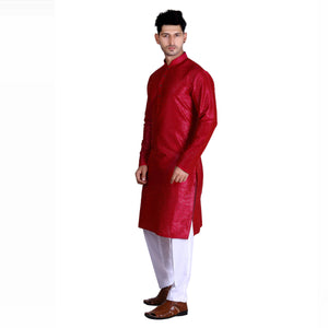 Red Woven Art Silk Men's Kurta Pyjama Set - Peachmode