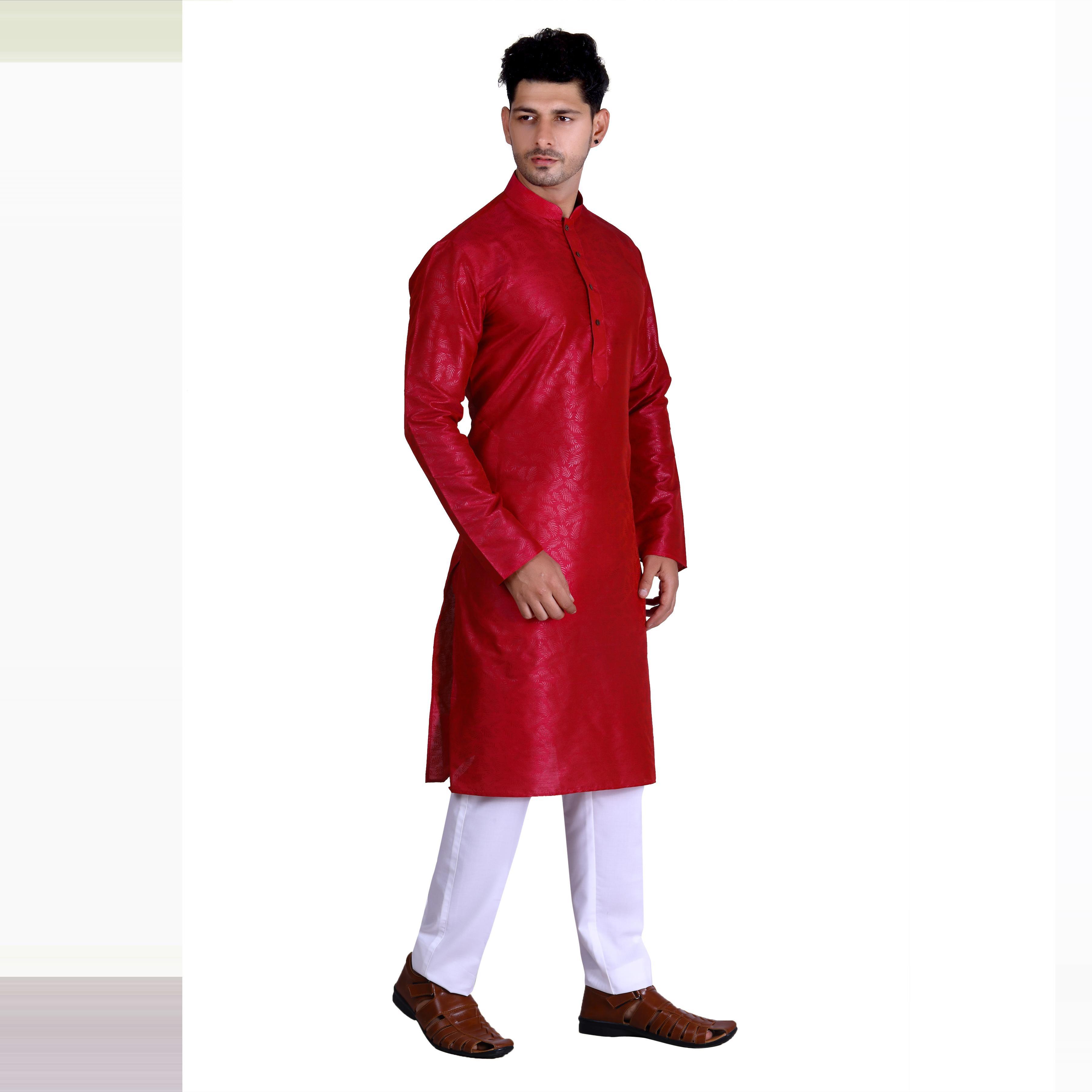 Red Woven Art Silk Men's Kurta Pyjama Set - Peachmode