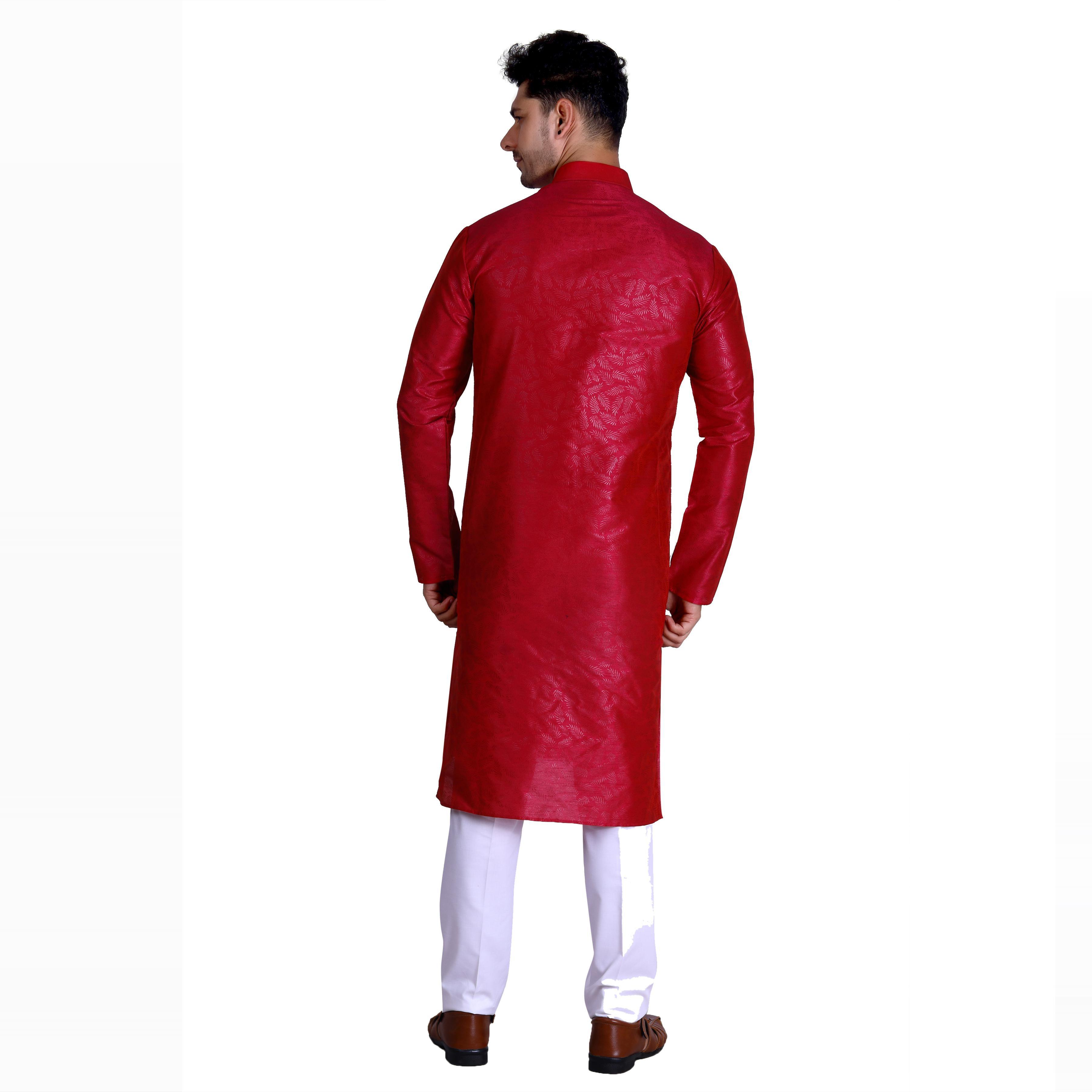Red Woven Art Silk Men's Kurta Pyjama Set - Peachmode