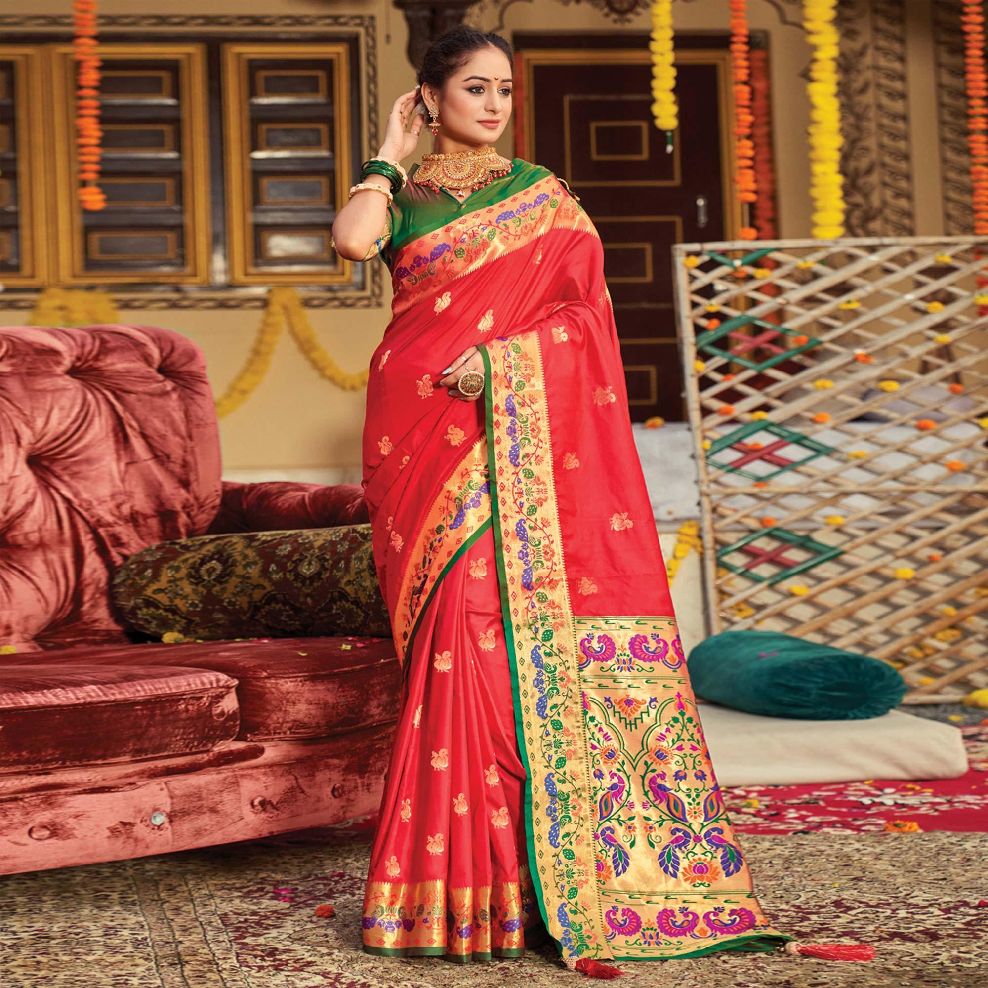 Red Woven Art Silk Paithani Saree With Tassels - Peachmode