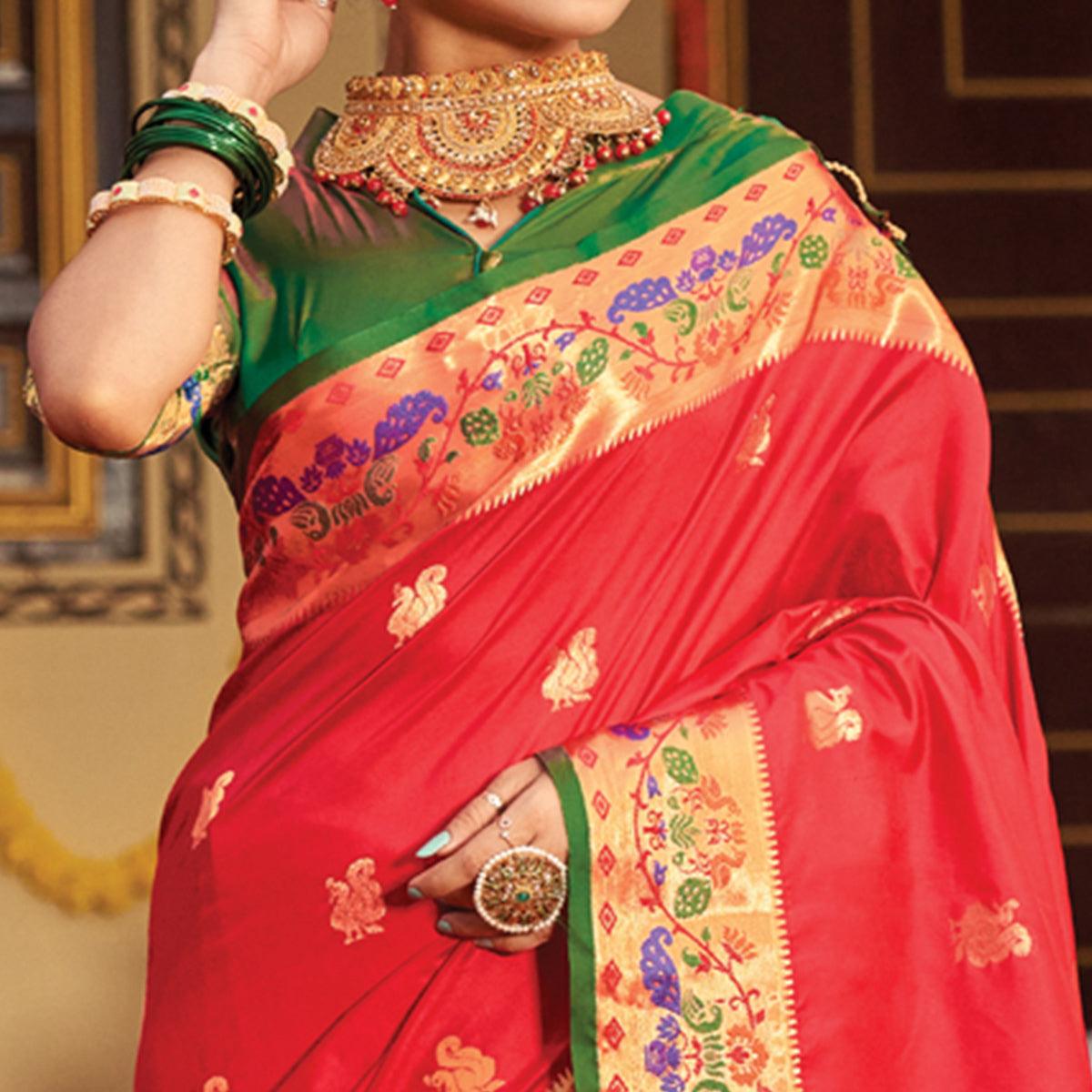 Red Woven Art Silk Paithani Saree With Tassels - Peachmode