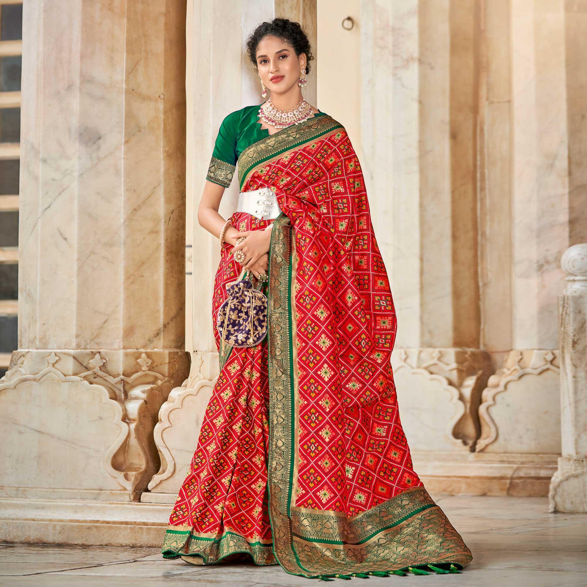 Red Woven Art Silk Patola Saree With Tassels - Peachmode