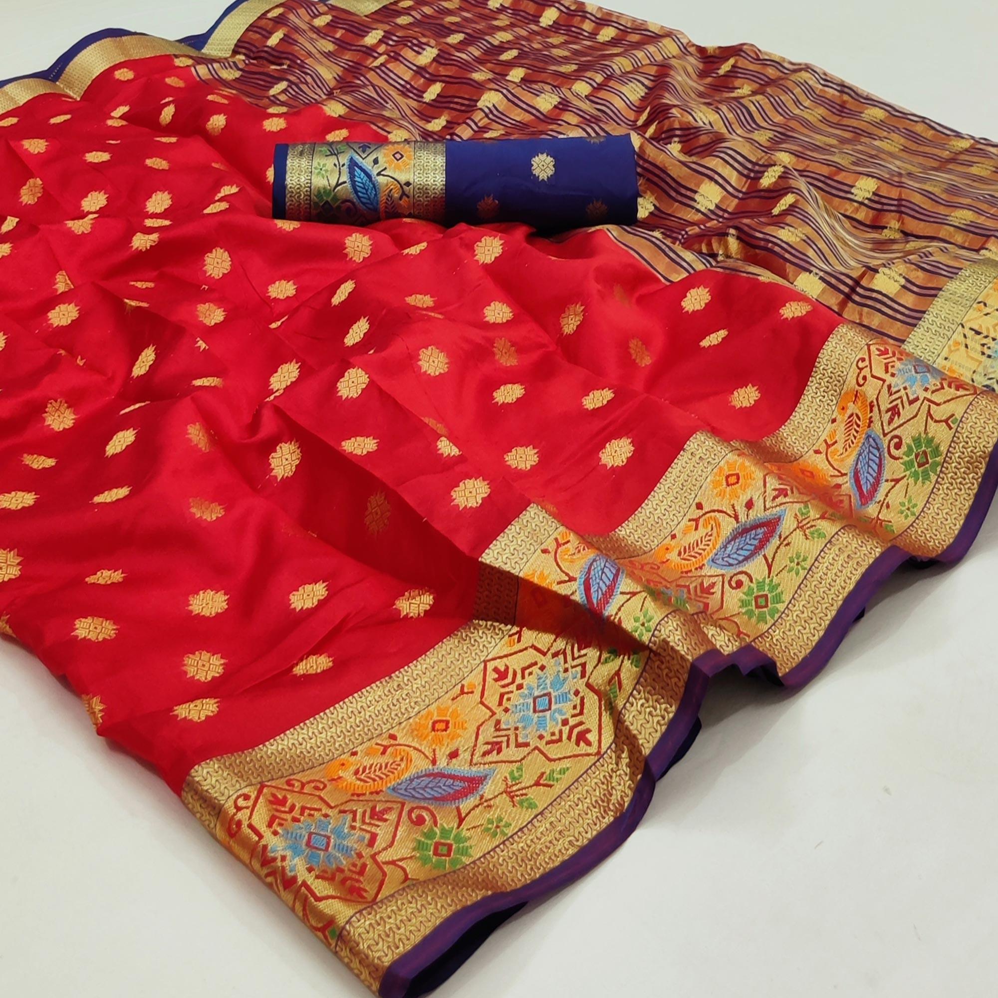 Red Woven Art Silk Saree - Peachmode