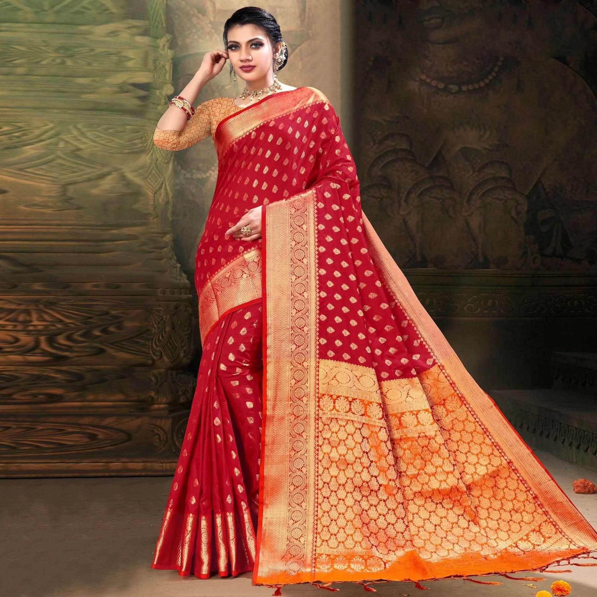 Red Woven Art Silk Saree - Peachmode