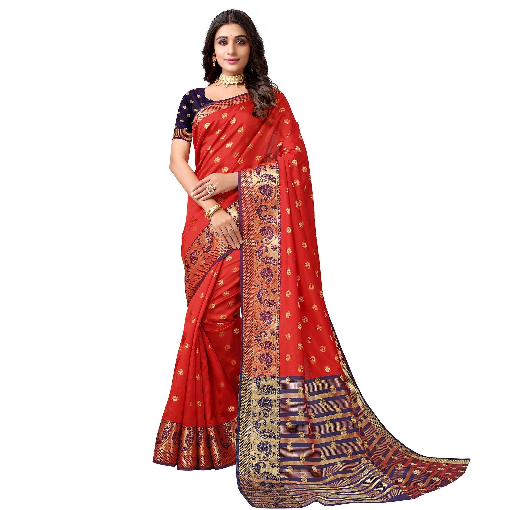 Red Woven Art Silk Saree - Peachmode