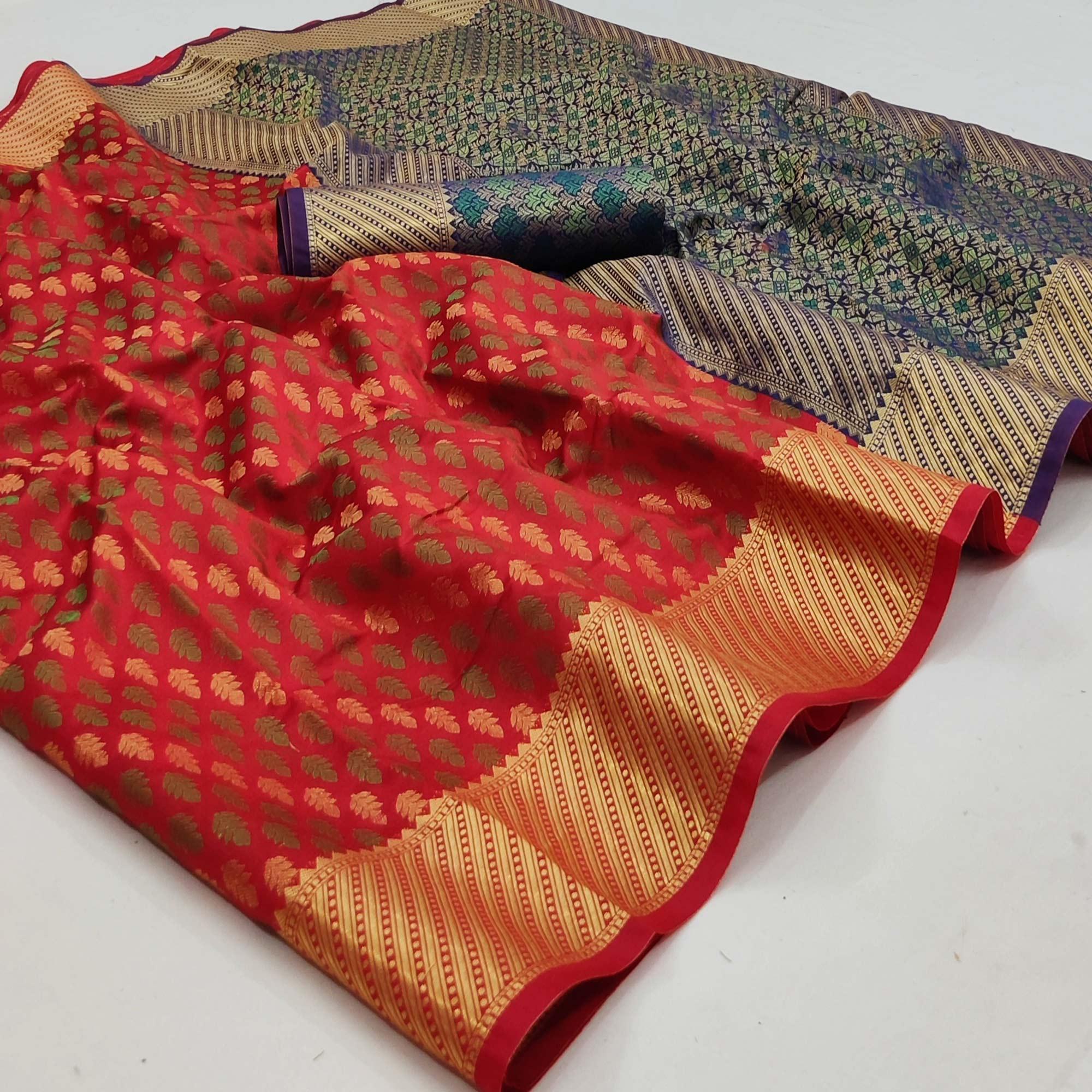 Red Woven Art Silk Saree - Peachmode