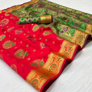 Red Woven Art Silk Saree - Peachmode