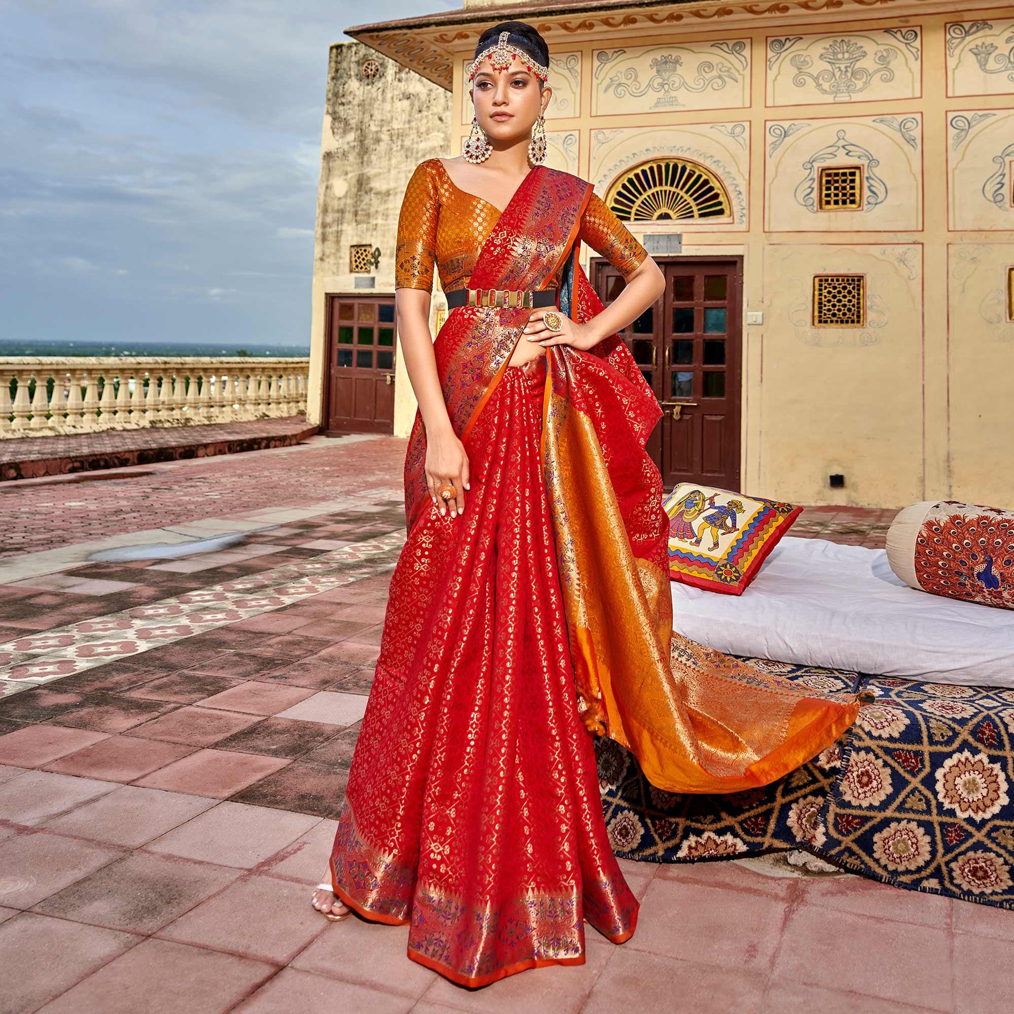 Red Woven Art Silk Saree - Peachmode