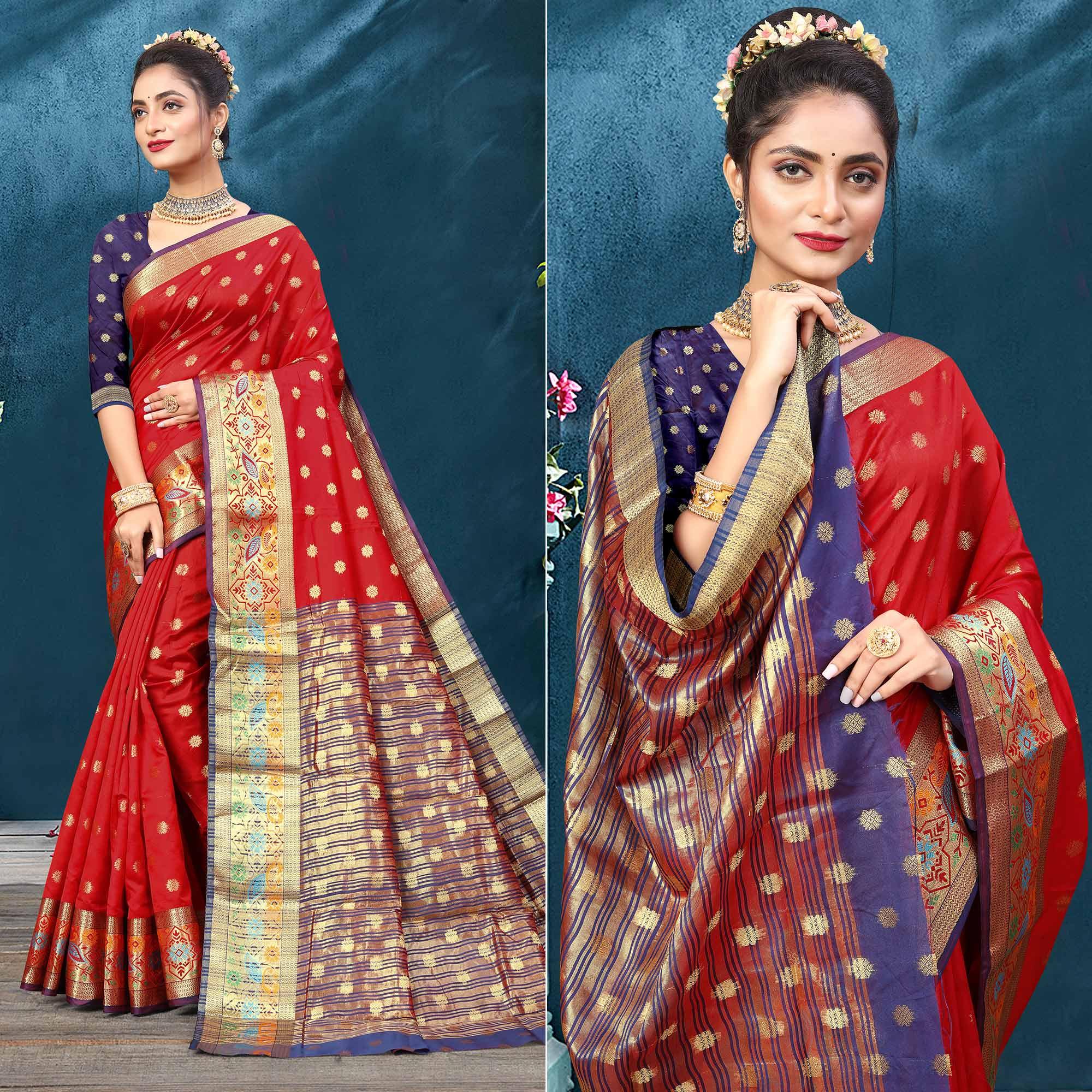 Red Woven Art Silk Saree - Peachmode