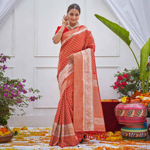 Red Woven Art Silk Saree - Peachmode