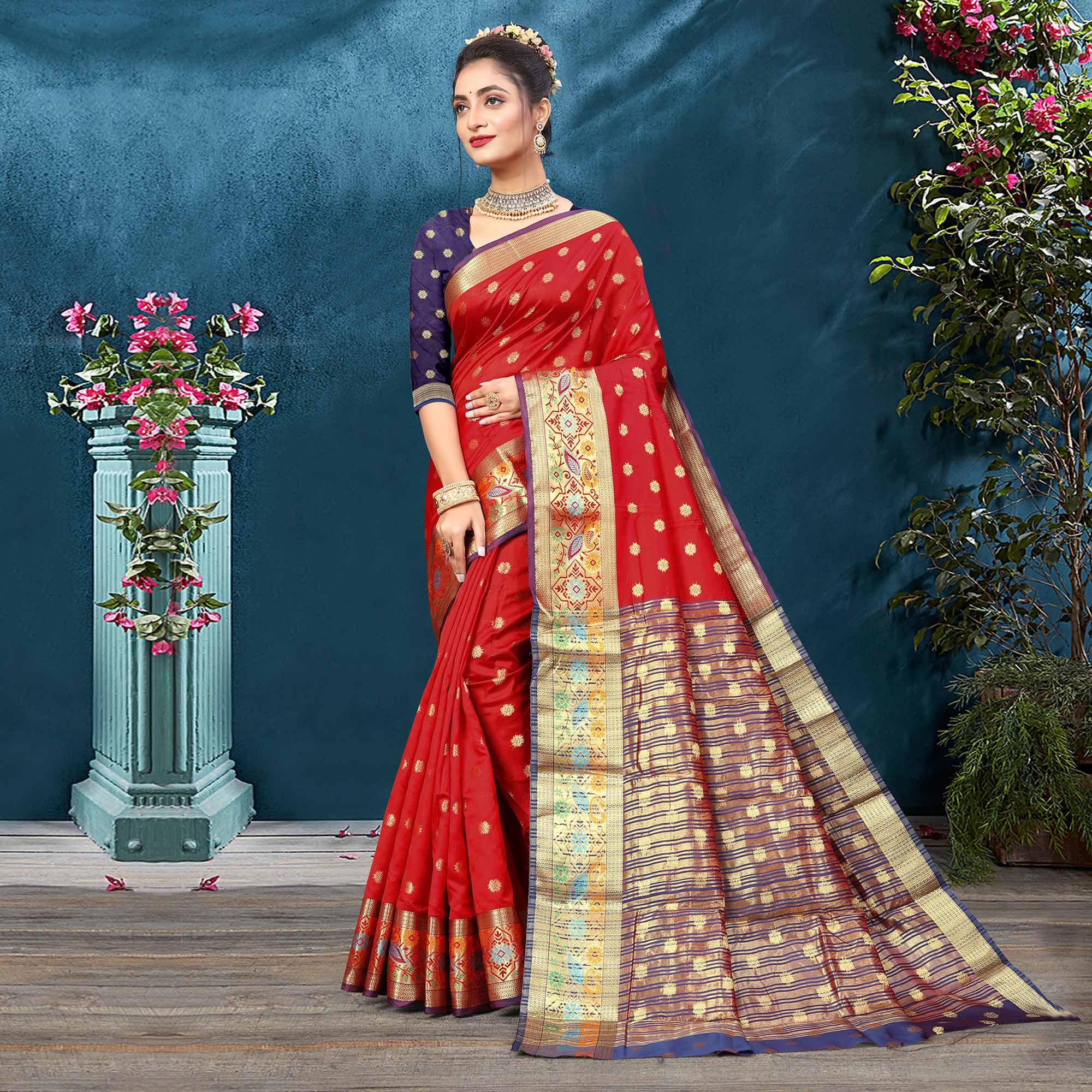 Red Woven Art Silk Saree - Peachmode