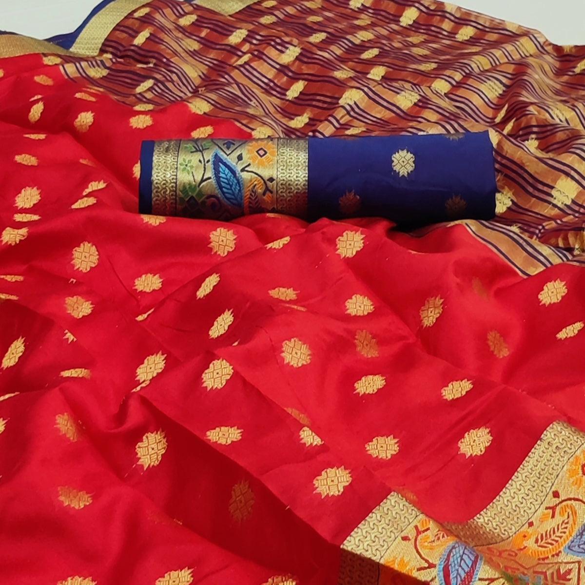 Red Woven Art Silk Saree - Peachmode