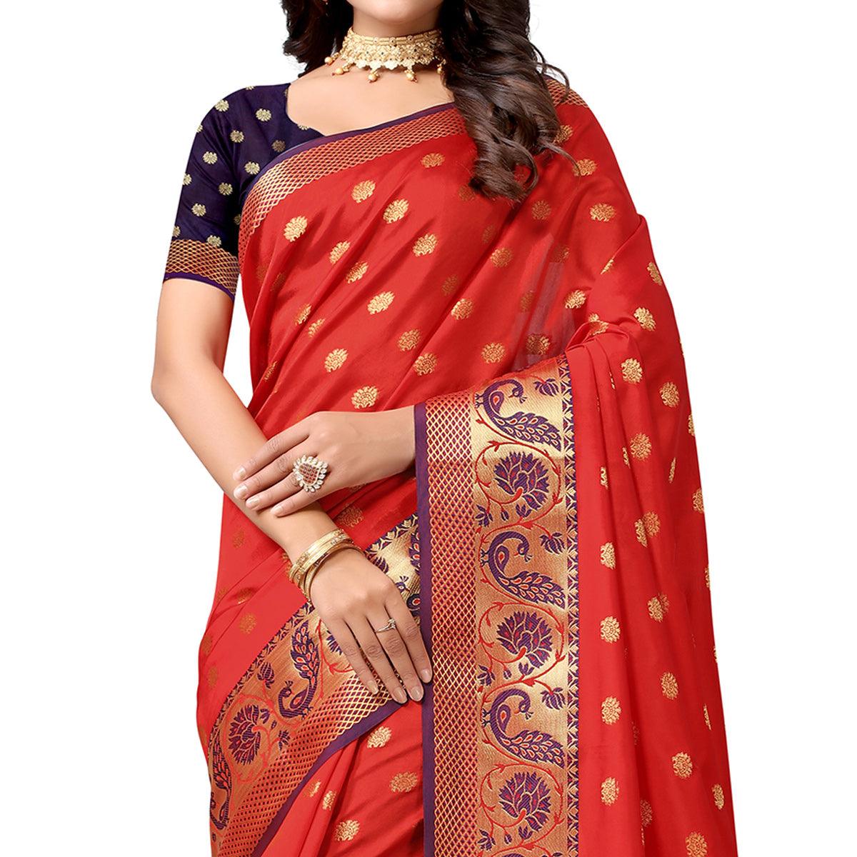Red Woven Art Silk Saree - Peachmode