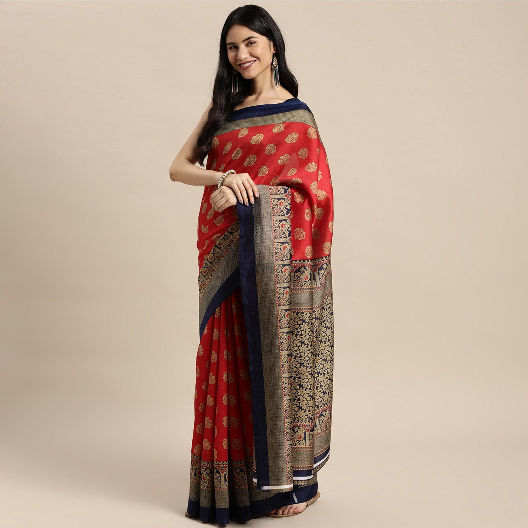 Red Woven Art Silk Saree - Peachmode
