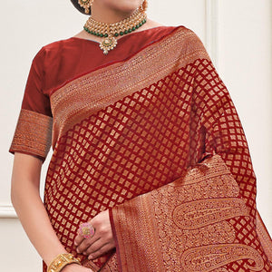 Red Woven Art Silk Saree - Peachmode