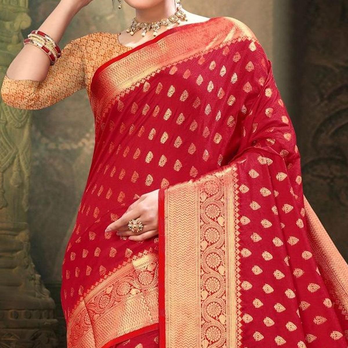 Red Woven Art Silk Saree - Peachmode