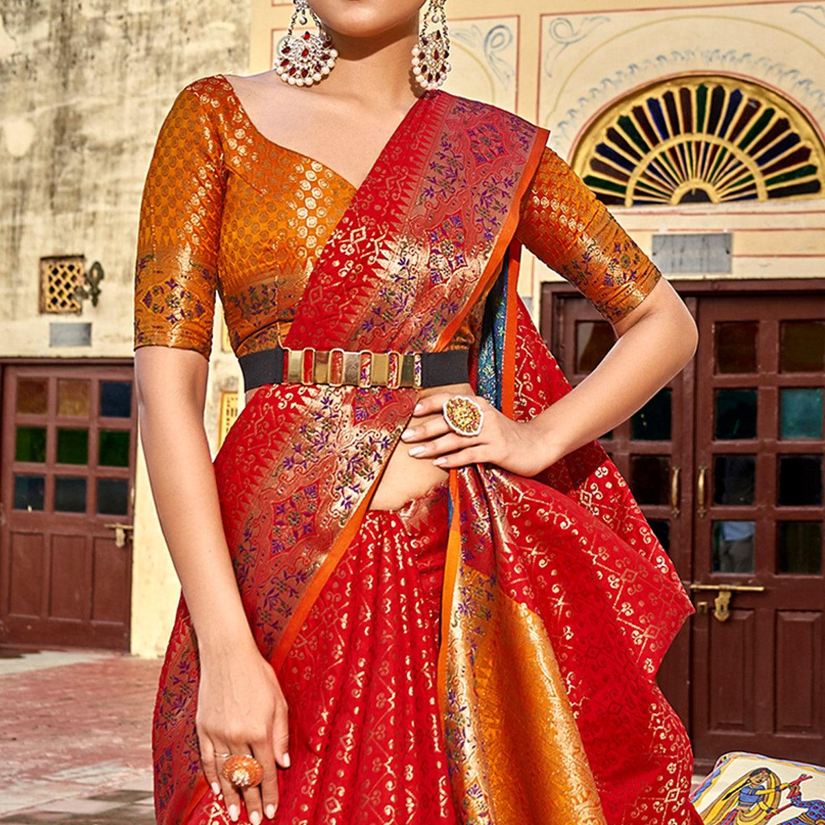 Red Woven Art Silk Saree - Peachmode