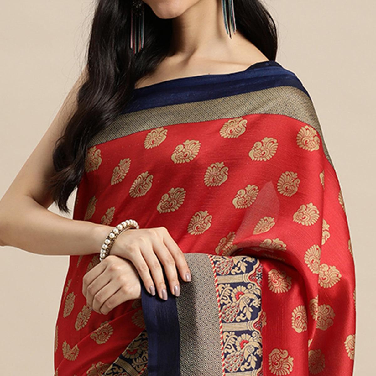Red Woven Art Silk Saree - Peachmode