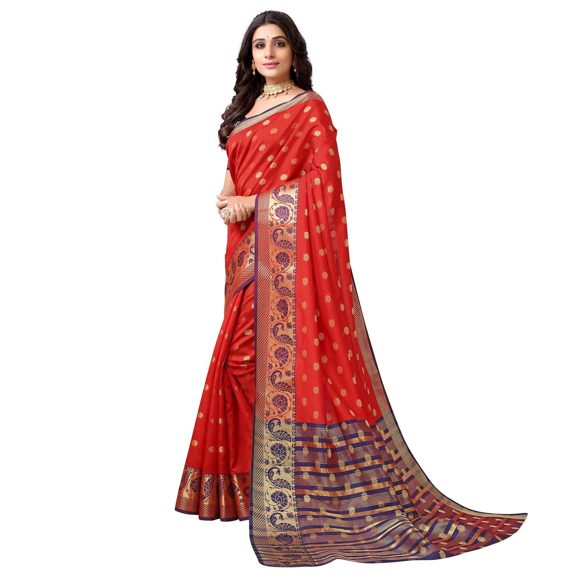 Red Woven Art Silk Saree - Peachmode