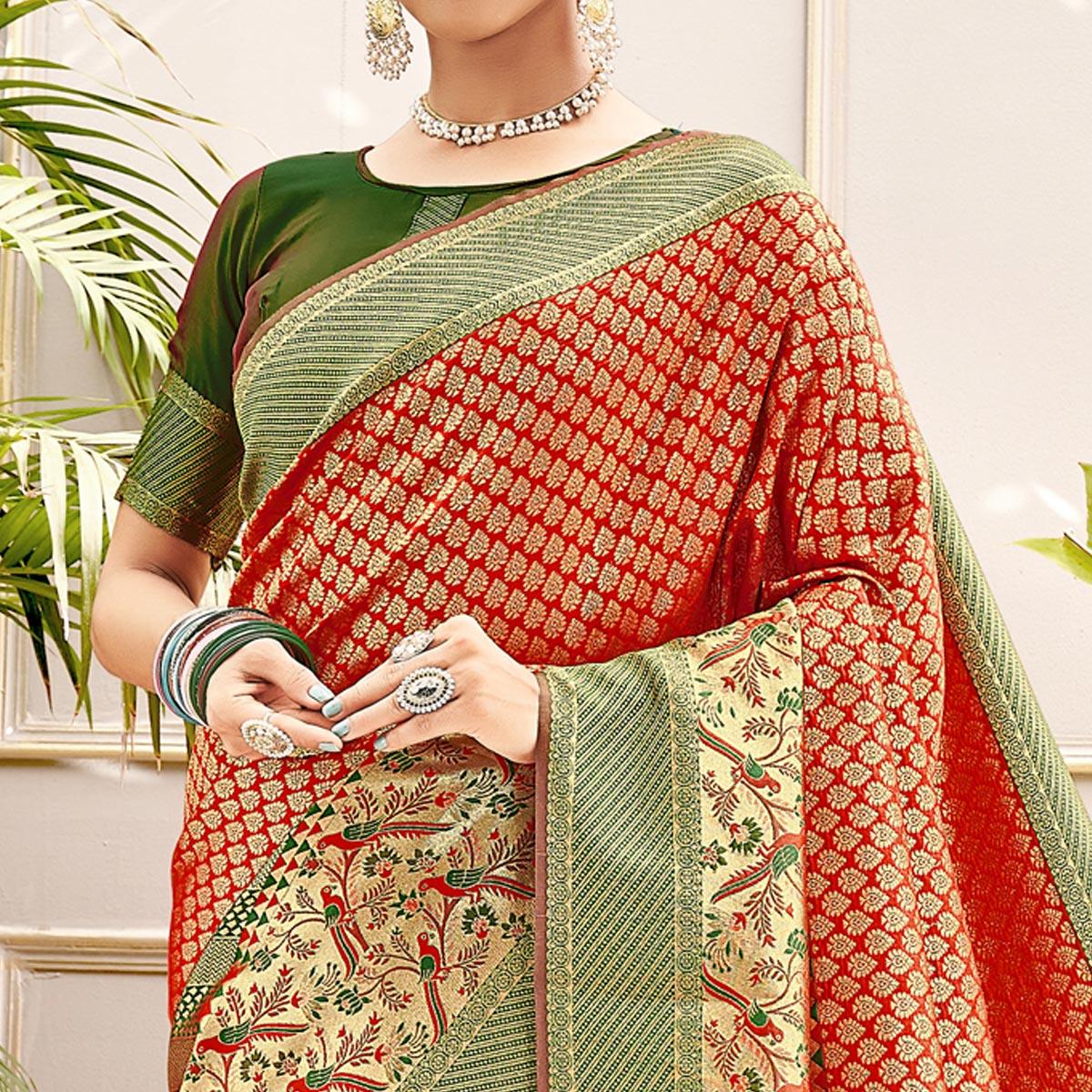 Red Woven Art Silk Saree - Peachmode