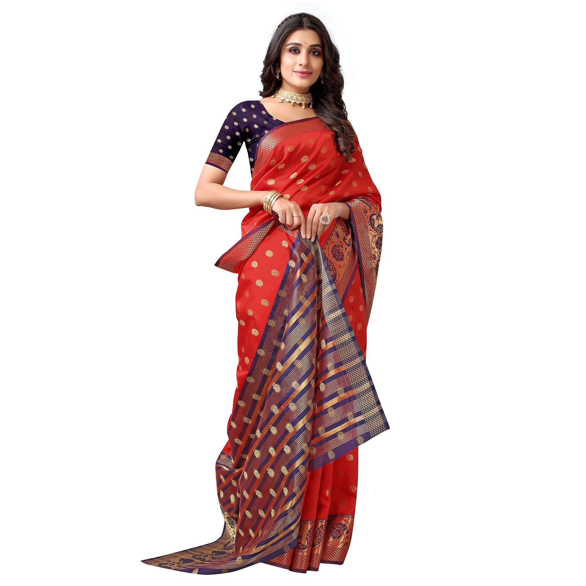 Red Woven Art Silk Saree - Peachmode