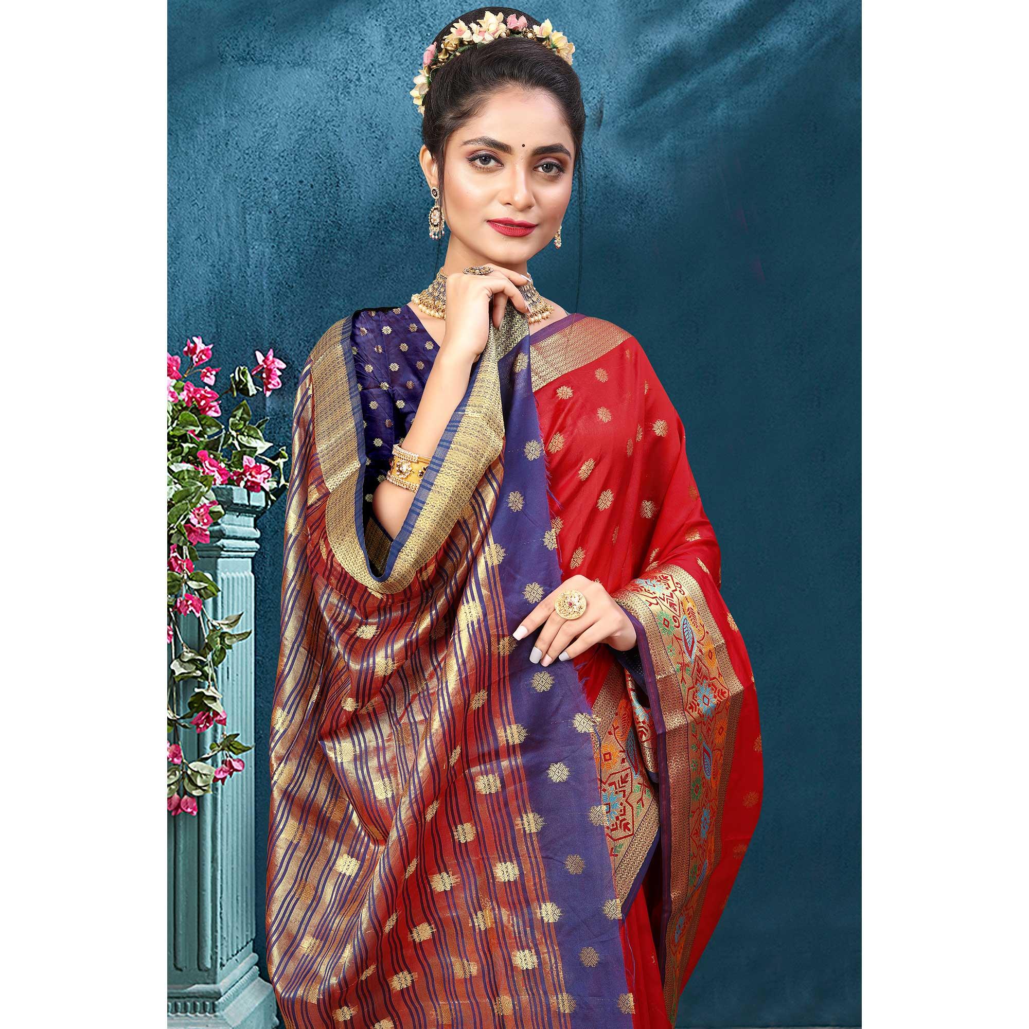 Red Woven Art Silk Saree - Peachmode