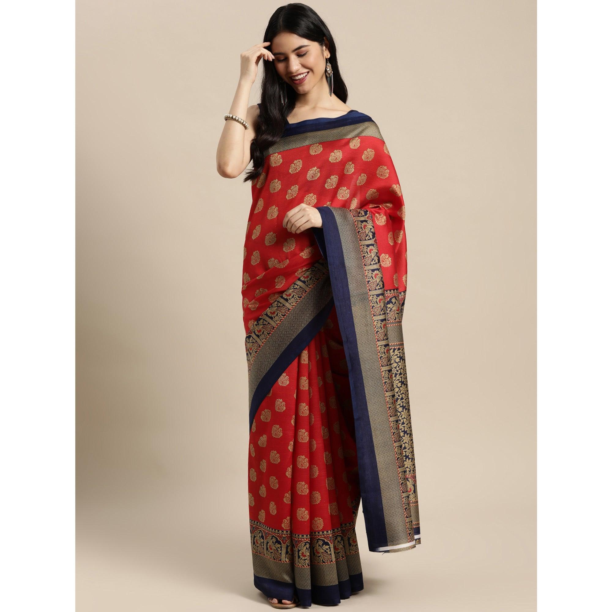 Red Woven Art Silk Saree - Peachmode