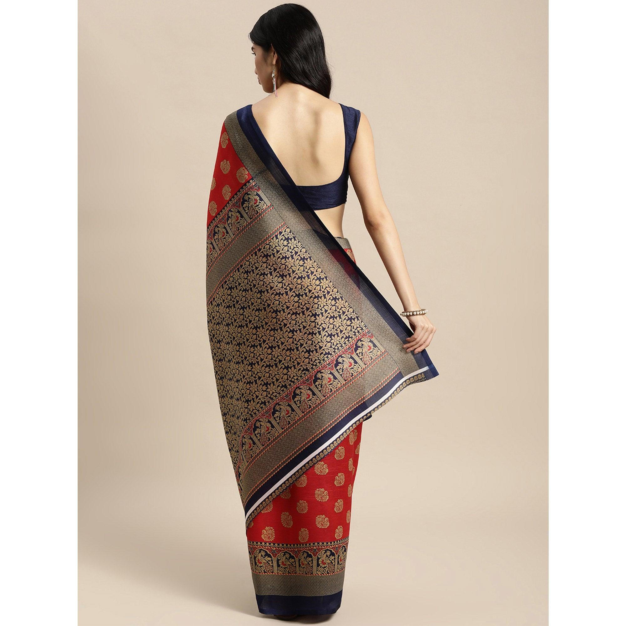 Red Woven Art Silk Saree - Peachmode