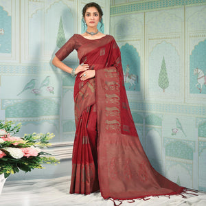 Red Woven Art Silk Saree With Tassels - Peachmode