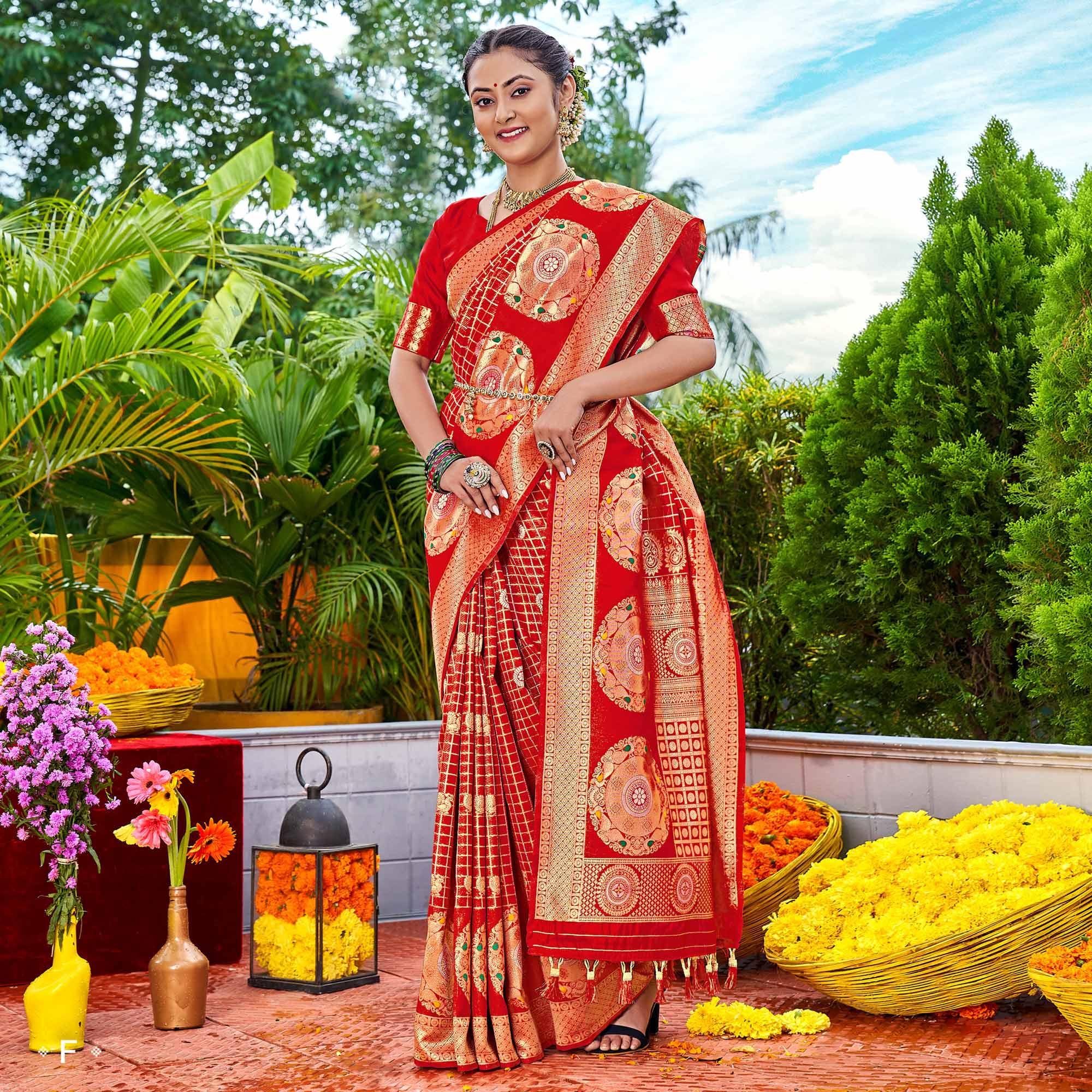 Red Woven Art Silk Saree With Tassels - Peachmode
