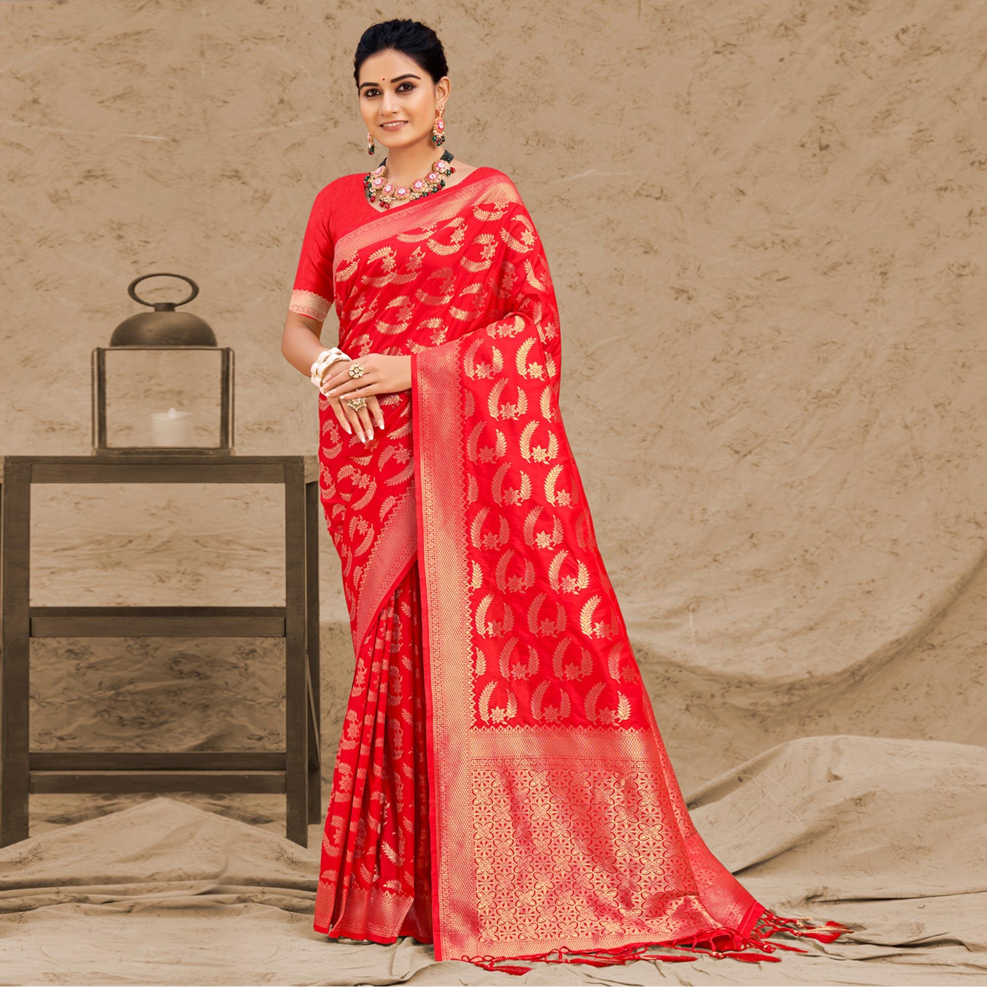 Red Woven Art Silk Saree With Tassels - Peachmode