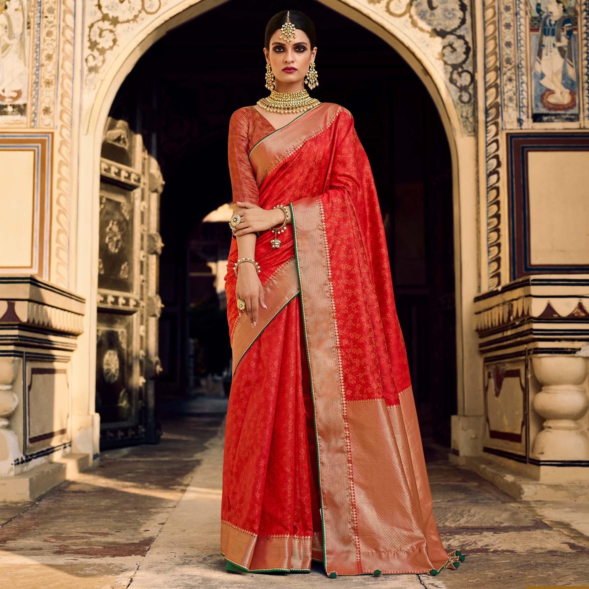 Red Woven Art Silk Saree With Tassels - Peachmode