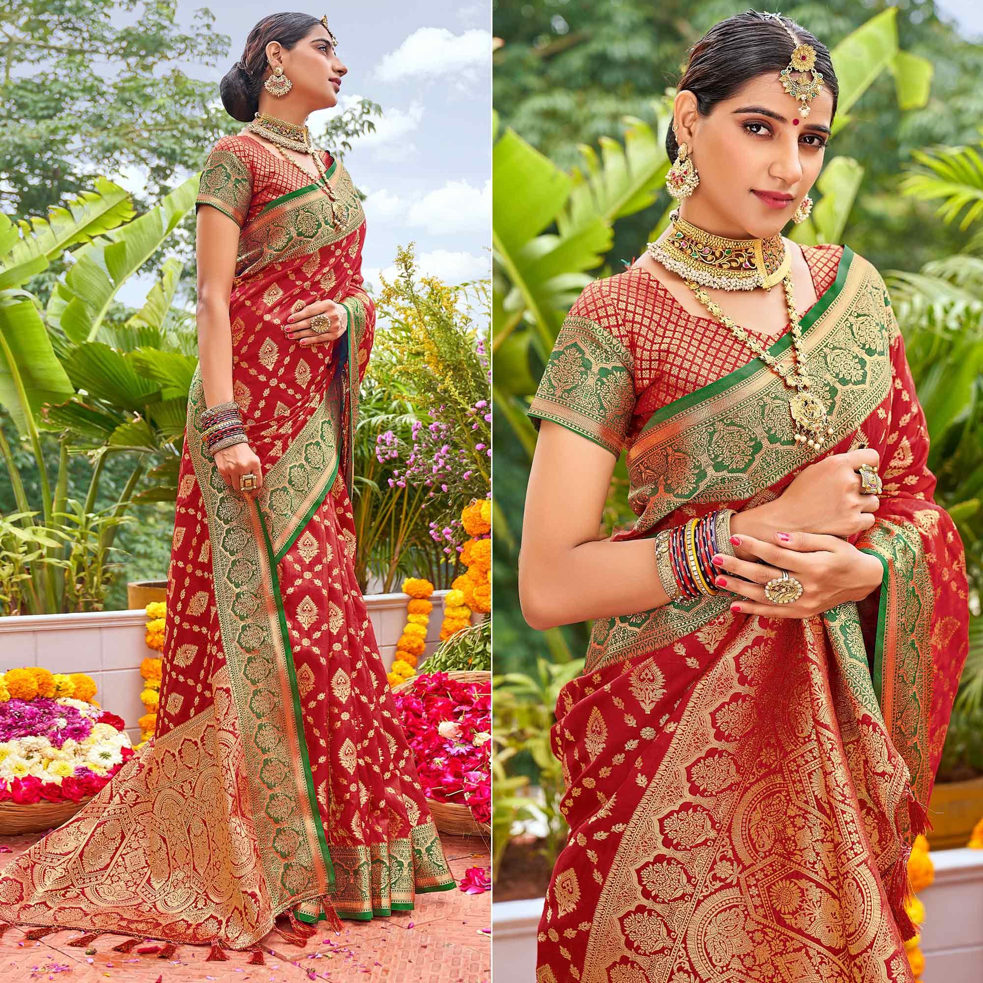 Red Woven Art Silk Saree With Tassels - Peachmode