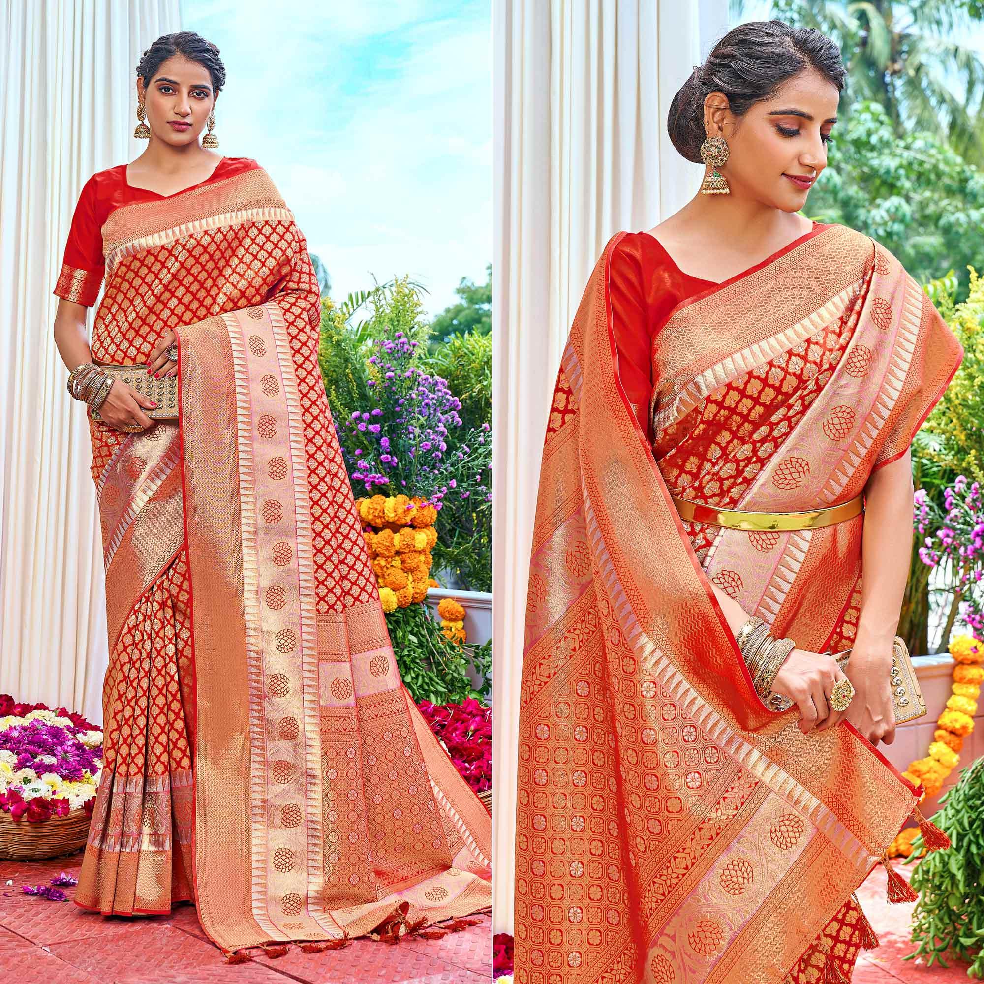 Red Woven Art Silk Saree With Tassels - Peachmode