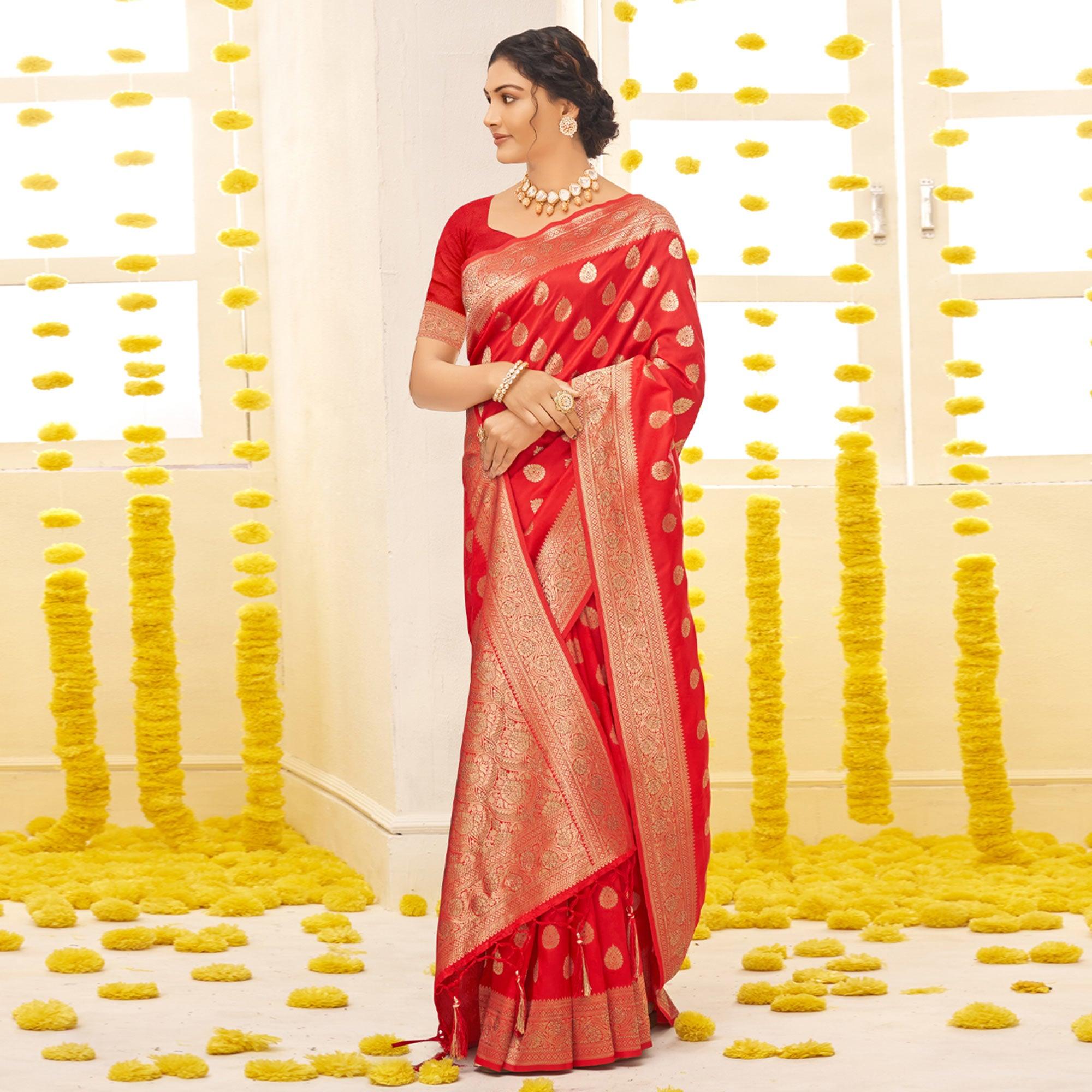 Red Woven Art Silk Saree With Tassels - Peachmode