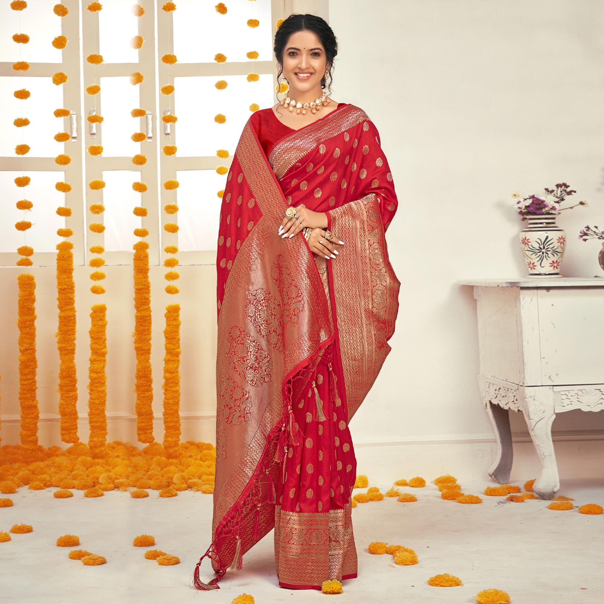 Red Woven Art Silk Saree With Tassels - Peachmode