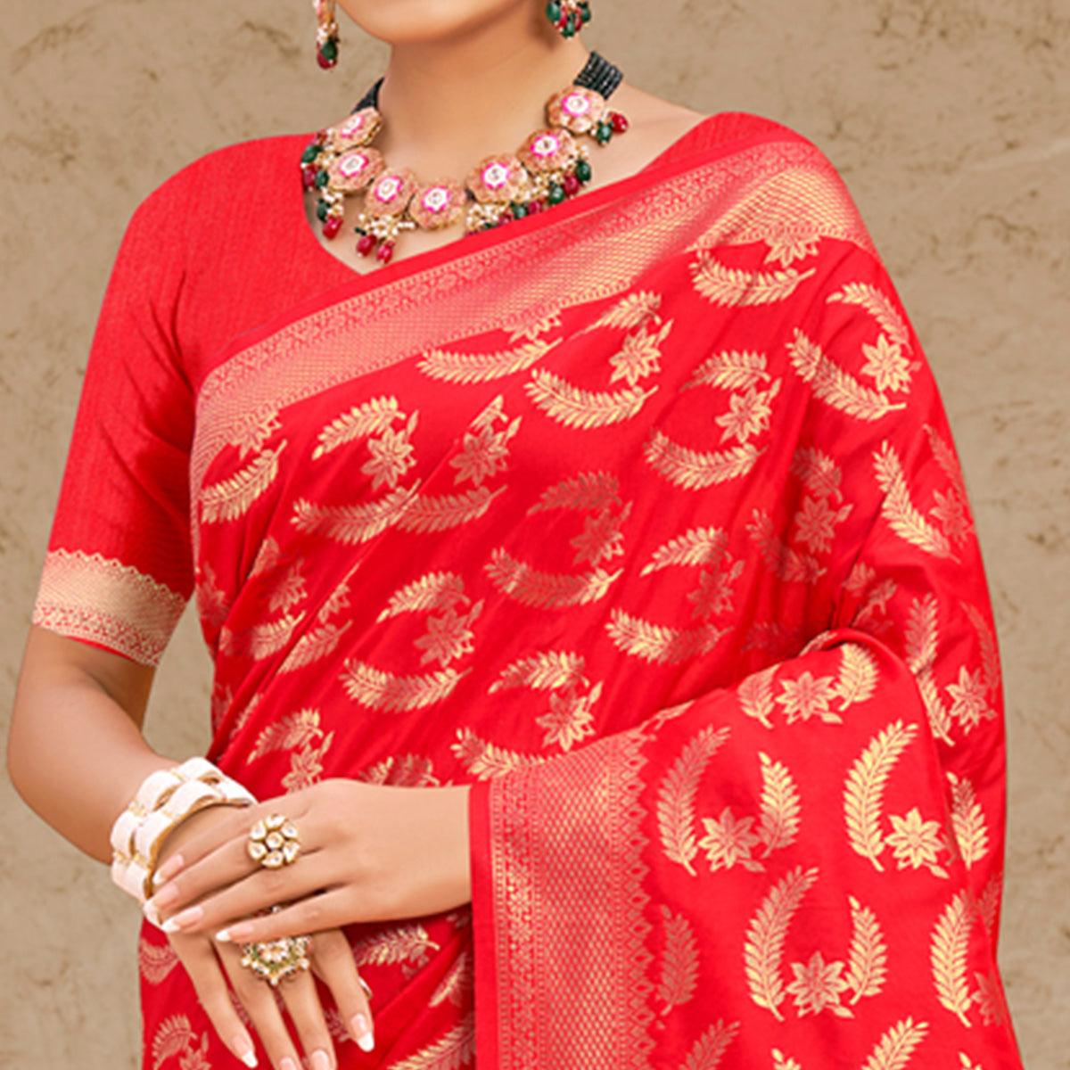 Red Woven Art Silk Saree With Tassels - Peachmode