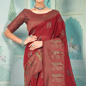 Red Woven Art Silk Saree With Tassels - Peachmode