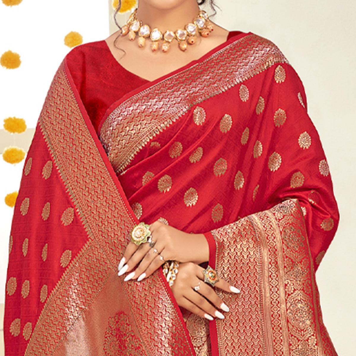 Red Woven Art Silk Saree With Tassels - Peachmode