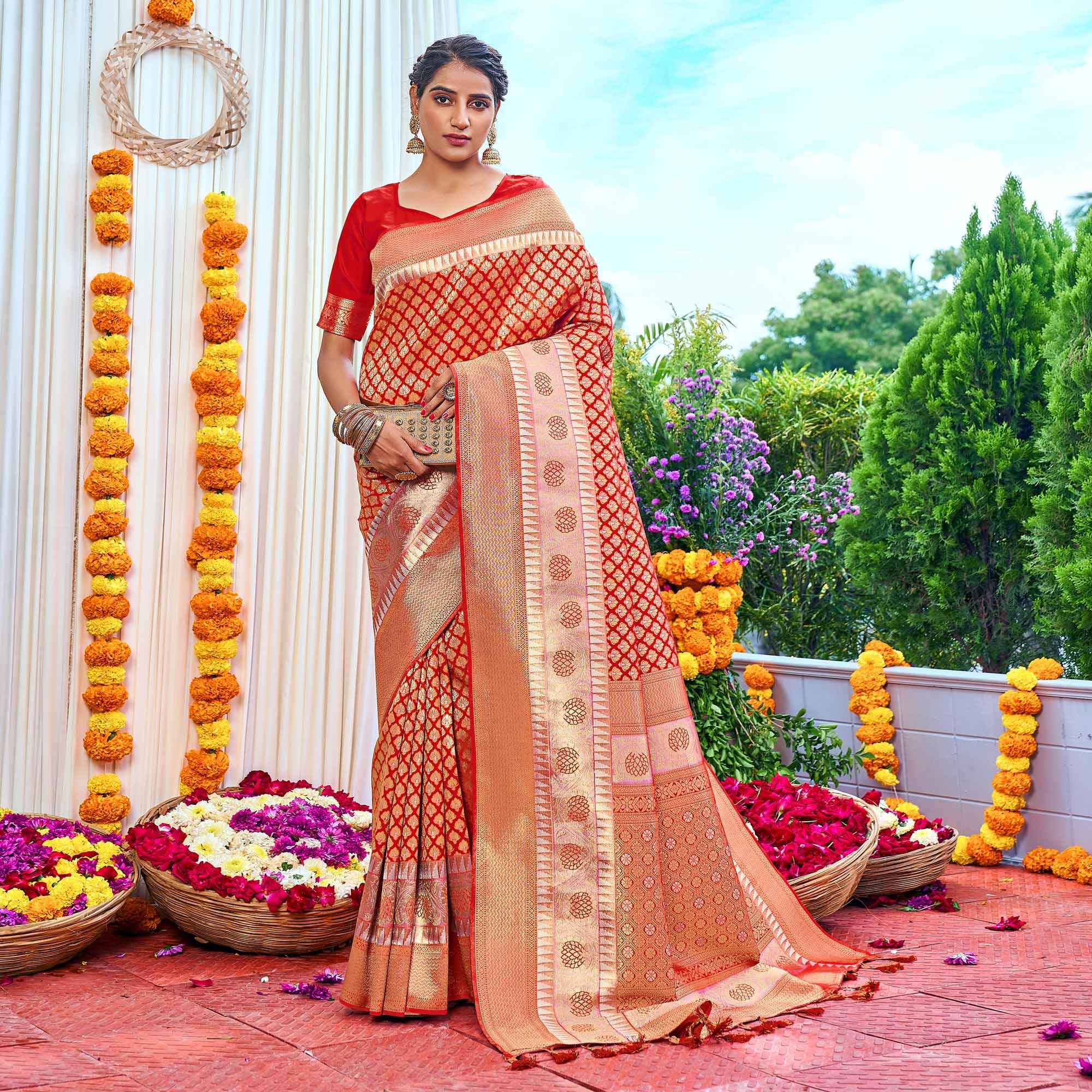 Red Woven Art Silk Saree With Tassels - Peachmode