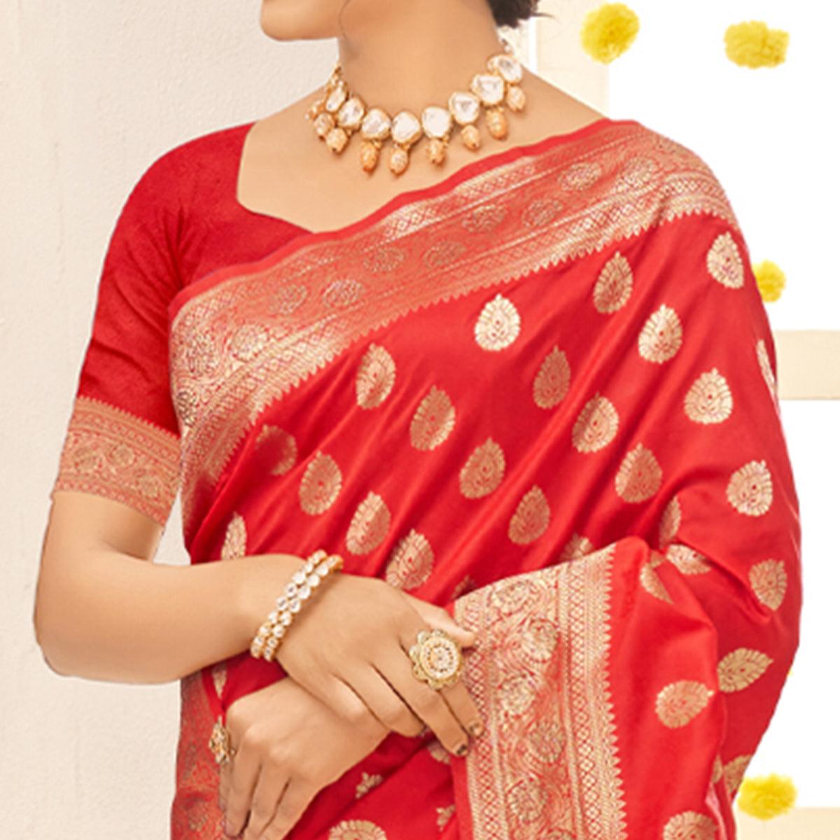 Red Woven Art Silk Saree With Tassels - Peachmode