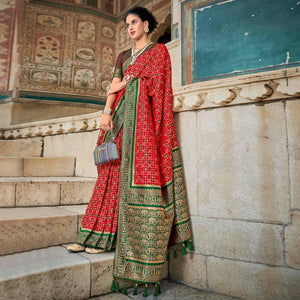Red Woven Art Silk Saree With Tassels - Peachmode