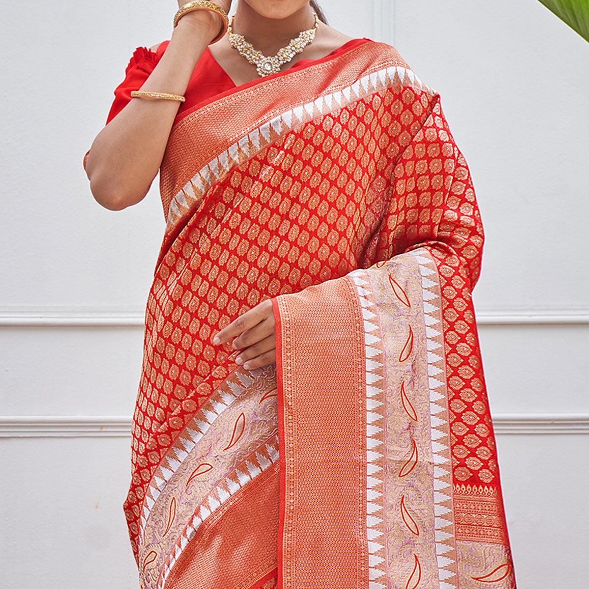 Red Woven Art Silk Saree With Tassels - Peachmode
