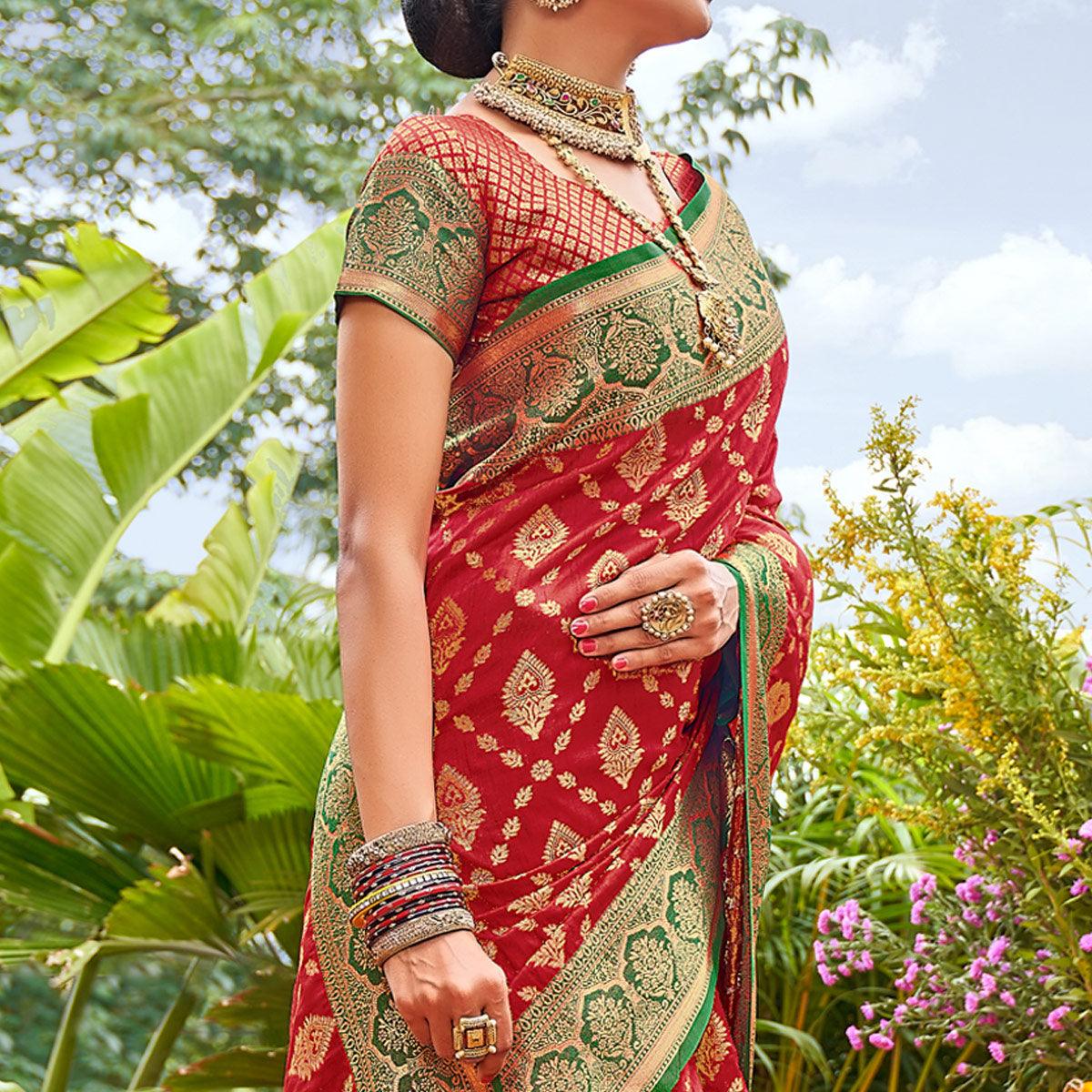 Red Woven Art Silk Saree With Tassels - Peachmode