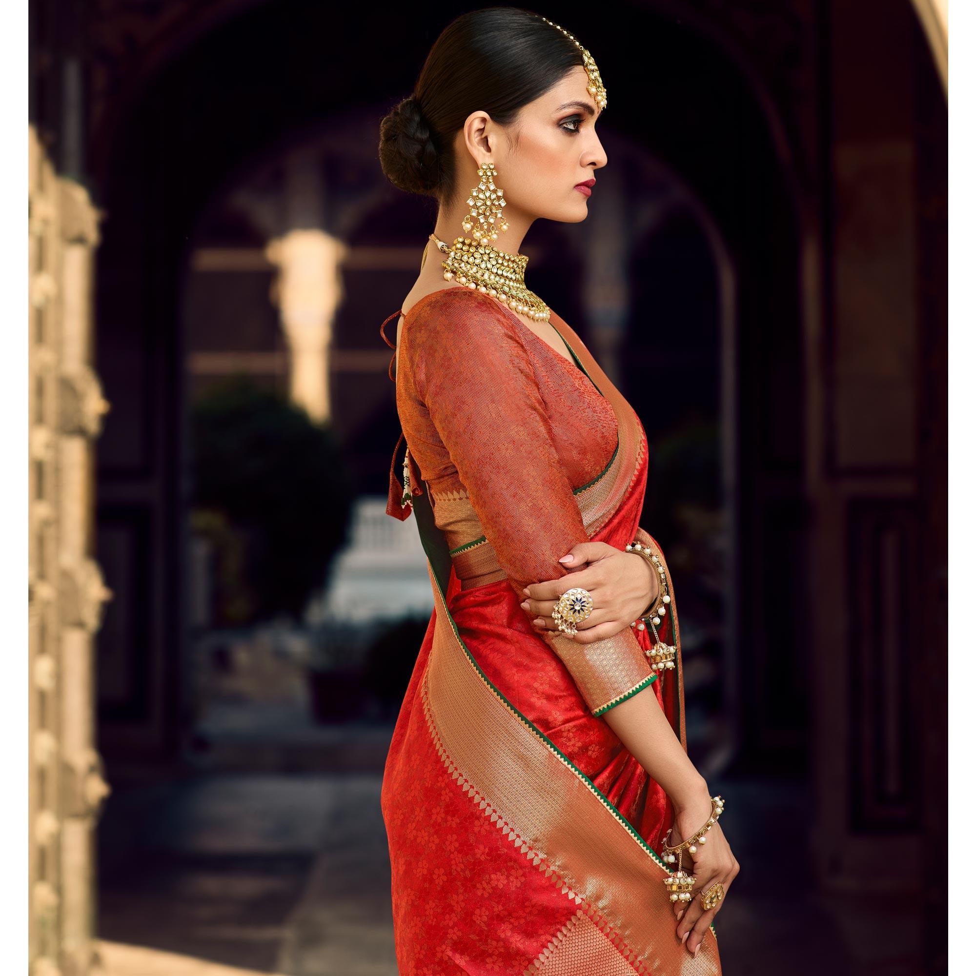 Red Woven Art Silk Saree With Tassels - Peachmode