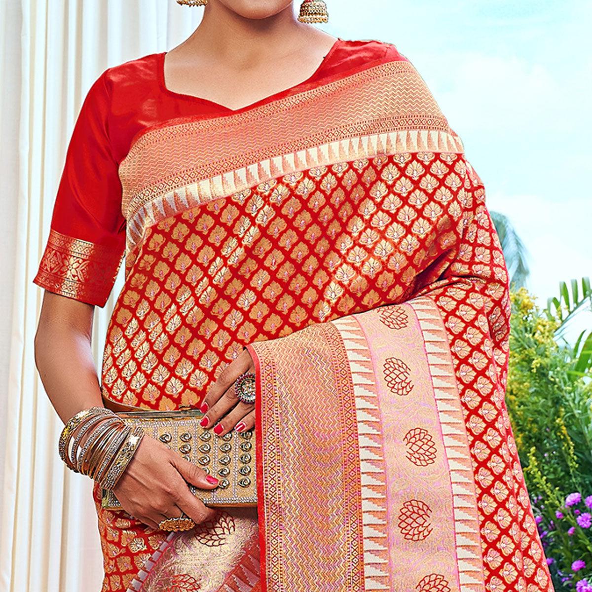 Red Woven Art Silk Saree With Tassels - Peachmode