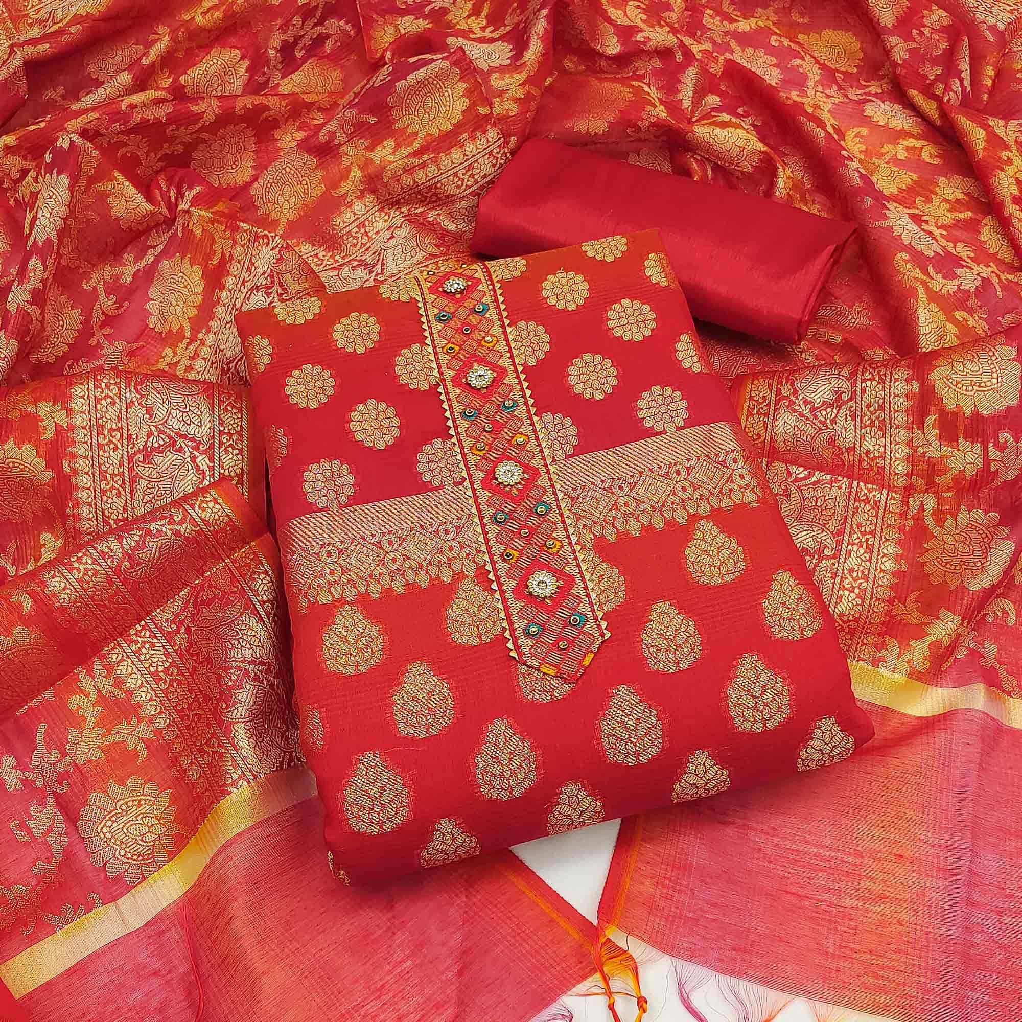 Red Woven Banarasi Dress Material - Peachmode