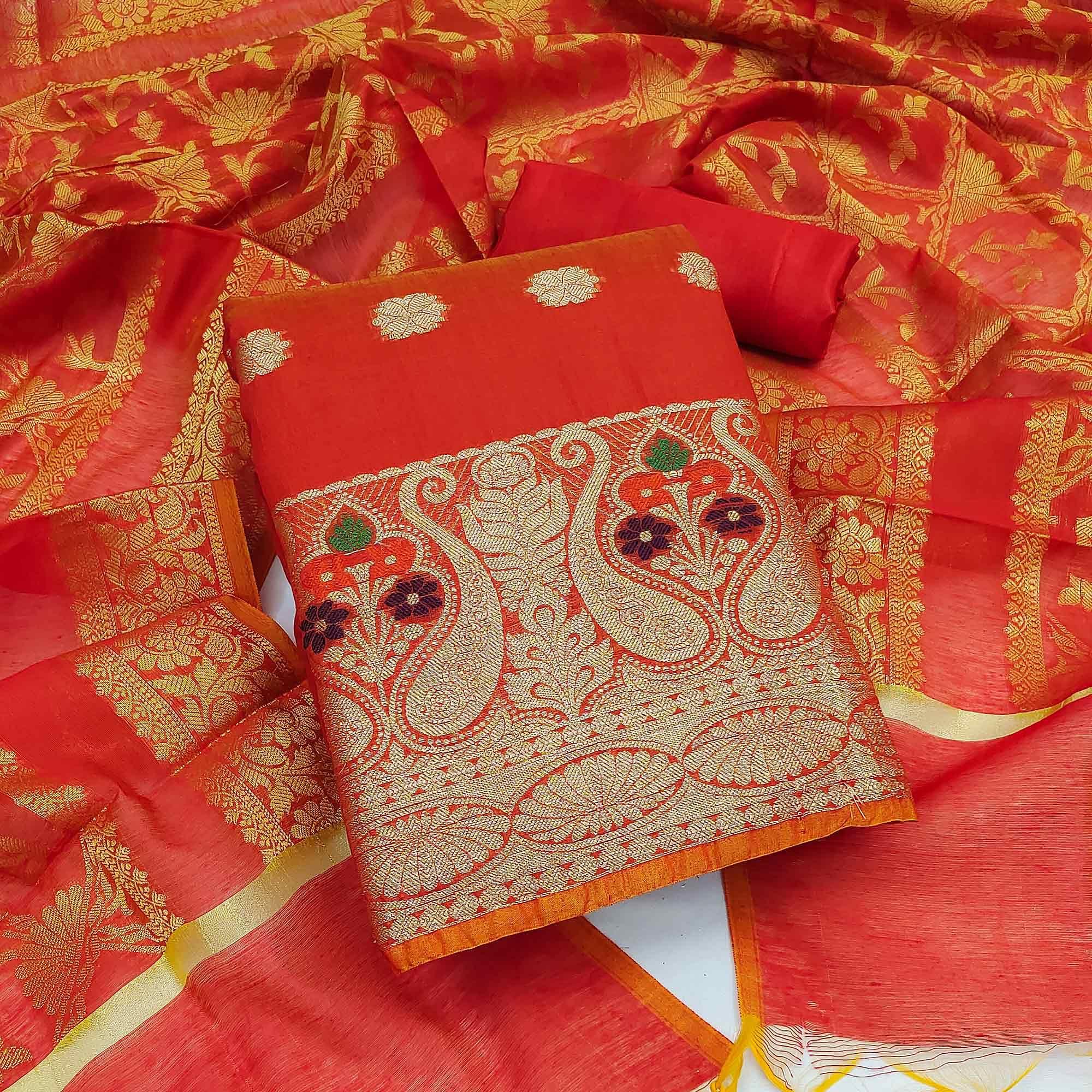 Red Woven Banarasi Dress Material - Peachmode