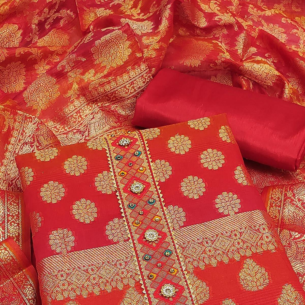 Red Woven Banarasi Dress Material - Peachmode