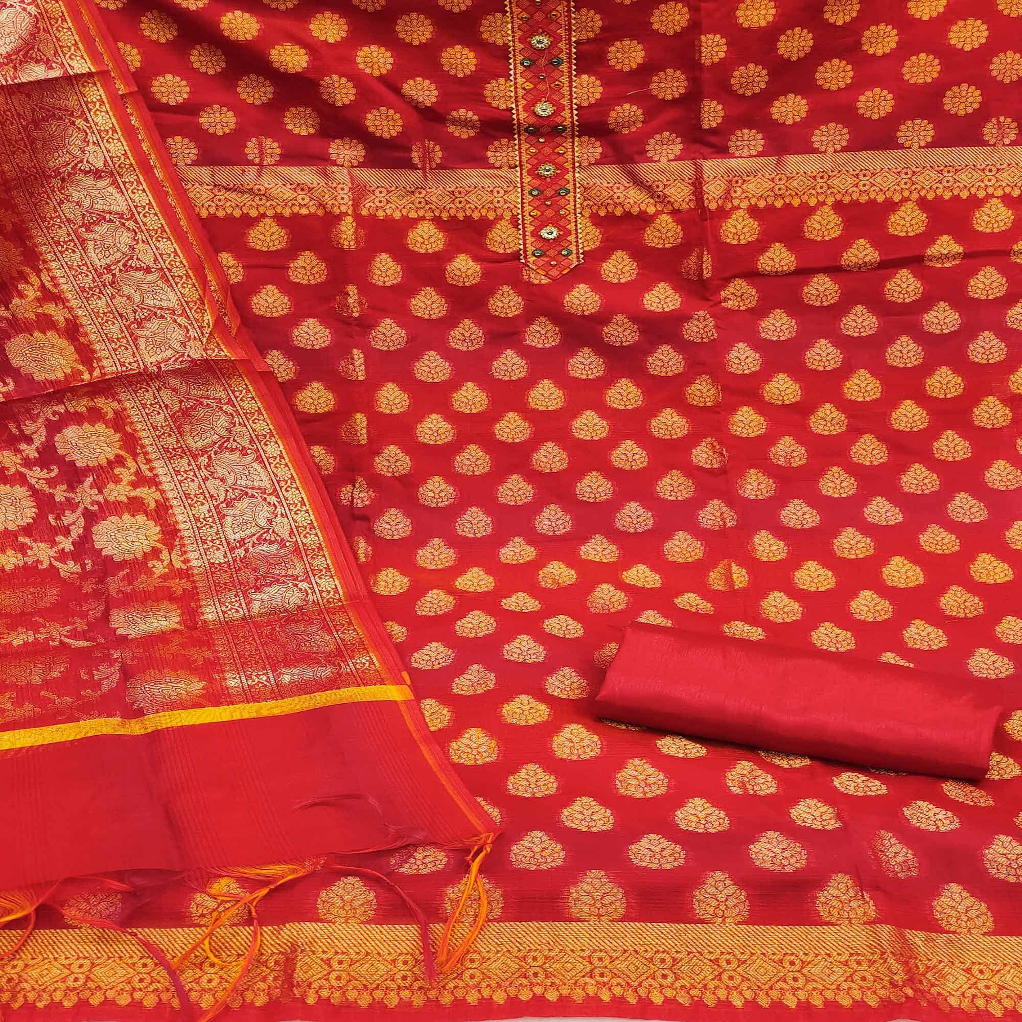 Red Woven Banarasi Dress Material - Peachmode